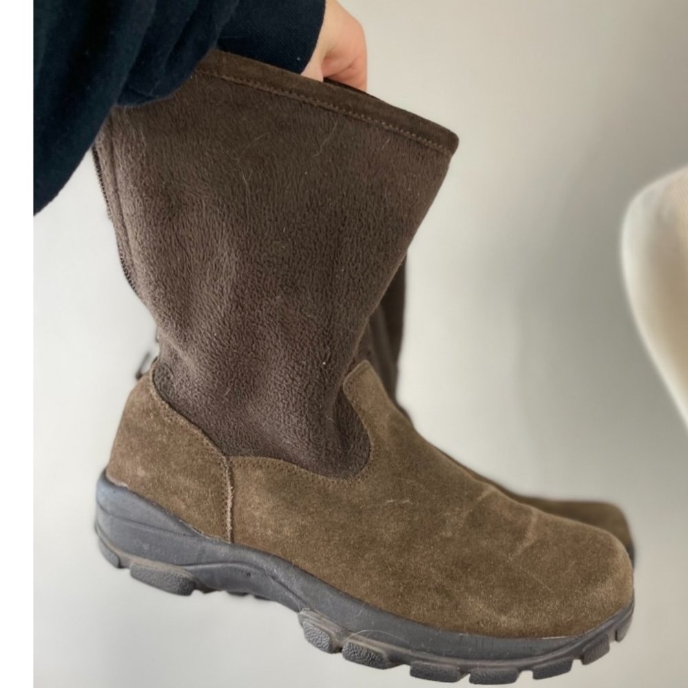 Women's Lands'end Boots Fleece Lined sz 7 (?) Brown Round Toe Flat Grip